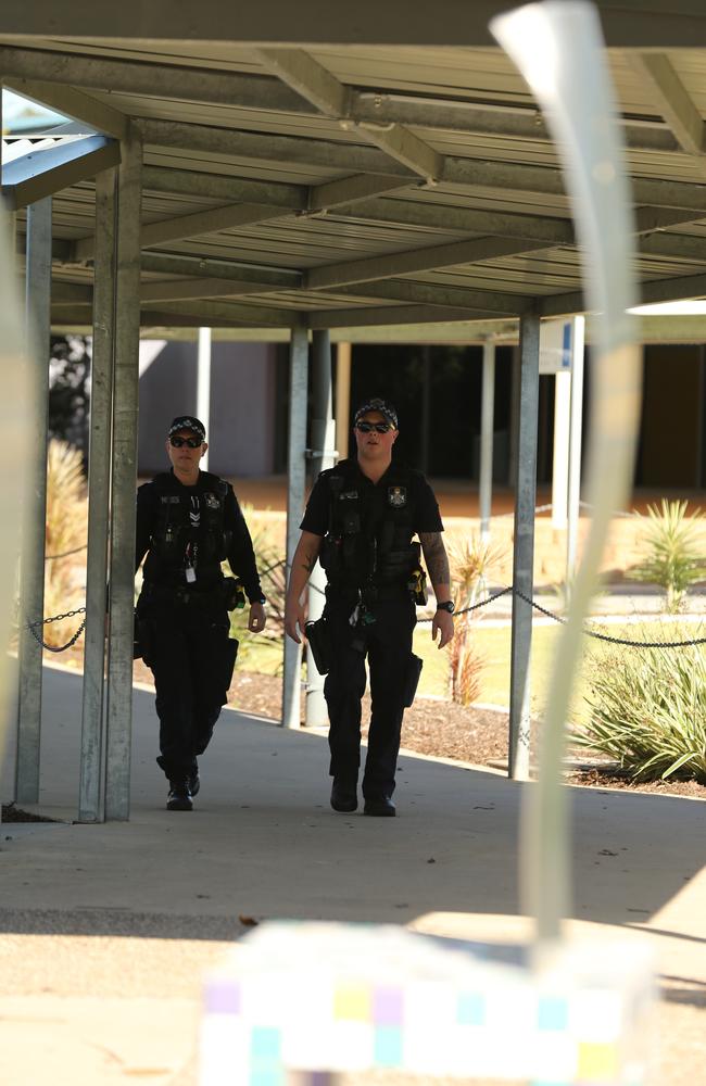 Police Parents and Students at the Upper Coomera State College after the school went into lockdown over social media threats. Picture Mike Batterham