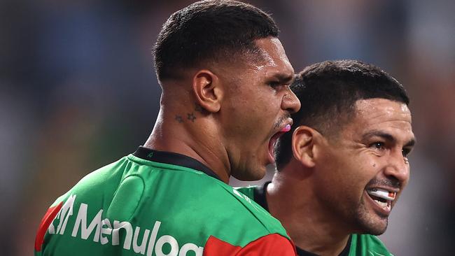 SYDNEY, AUSTRALIA - MARCH 07: Tyrone Munro of the Rabbitohs celebrates with CodyÃÂ Walker of the Rabbitohs after scoring a try during the round one NRL match between the Dolphins and South Sydney Rabbitohs at CommBank Stadium on March 07, 2025, in Sydney, Australia. (Photo by Jason McCawley/Getty Images)