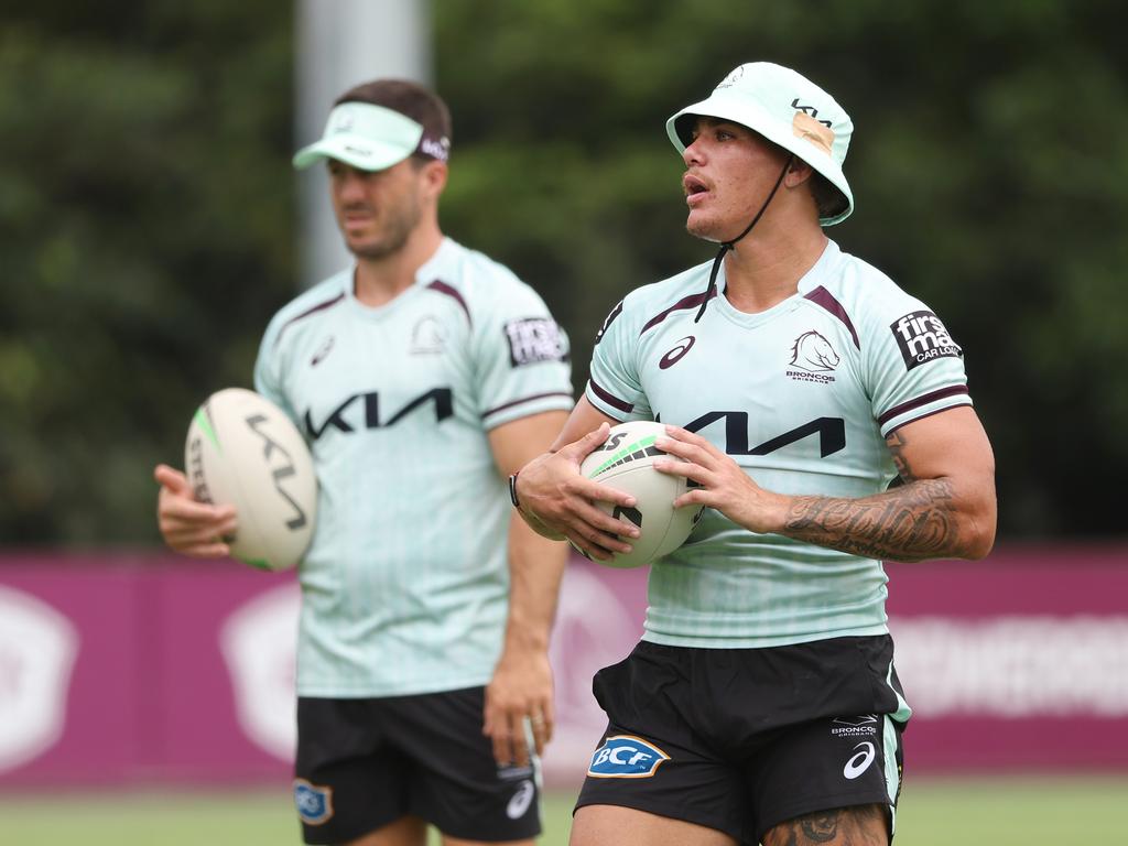 Brisbane Broncos players Ben Hunt and Reece Walsh will have their first hit out of the season. Picture: Tara Croser.