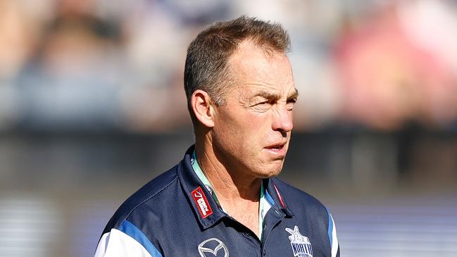 GEELONG, AUSTRALIA - APRIL 14: Alastair Clarkson, Senior Coach of the Kangaroos looks on during the 2024 AFL Round 05 match between the Geelong Cats and the North Melbourne Kangaroos at GMHBA Stadium on April 14, 2024 in Geelong, Australia. (Photo by Michael Willson/AFL Photos via Getty Images)