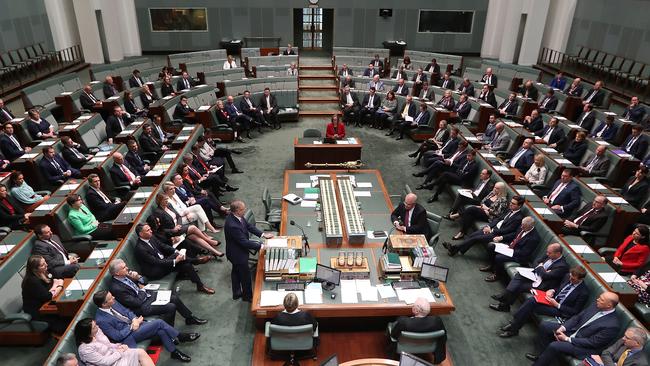 Anthony Albanese and Scott Morrison during the condolence motion. Picture: Kym Smith