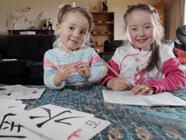 Grace Higgins, 2 and Sophia Higgins 5 learning their Chinese characters. Learning a foreign language should start young, says Tasmania Chinese School teacher. Picture: RICHARD JUPE