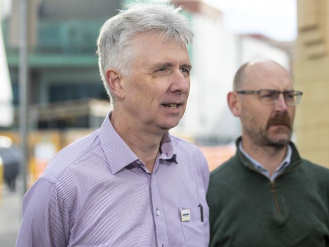 Tasmanian ANMF Branch President James Lloyd and AMA President Michael Lumsden-Steel speak to media on Friday 12th July 2024. Picture: Linda Higginson