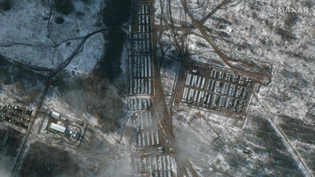 This satellite image reportedly shows Russian ground forces’ equipment near Yelnya, Russia. Picture: AFP/Satellite image - Maxar Technologies