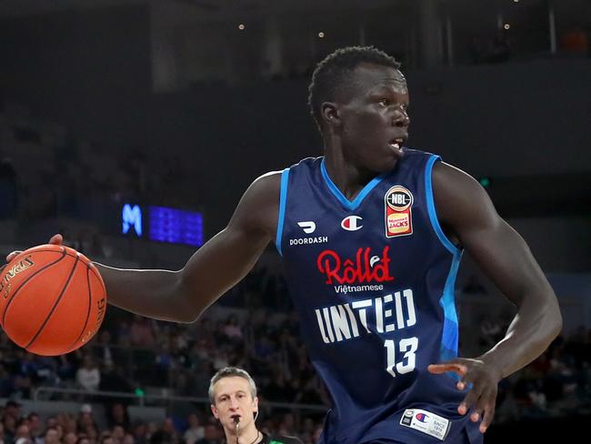 Darwin Saltie Makuach Maluach handles the ball for his new club Melbourne United against the Sydney Kings in October. Picture: Kelly Defina/Getty Images.