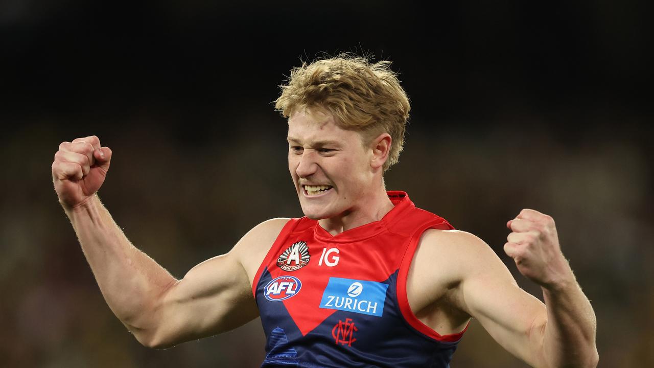 Jacob van Rooyen of the Demons celebrates the opening goal. (Photo by Robert Cianflone/Getty Images)