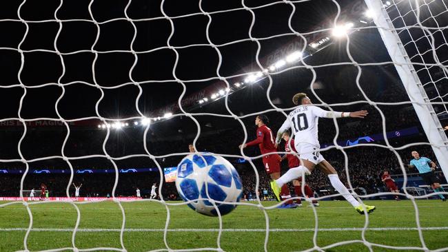 Paris Saint-Germain forward Neymar celebrates after scoring against Liverpool in their Champions League Group C match at Parc de Princes. Picture: AFP