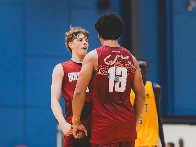 Roman Siulepa and Indy Cotton in action for Queensland at the 2025 Basketball Australia Under-20 National Championships. Picture: Taylor Earnshaw