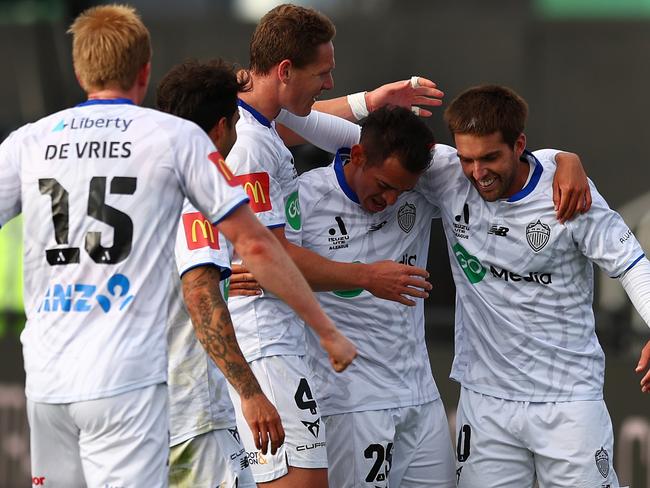 MELBOURNE, AUSTRALIA - FEBRUARY 15: Guillermo May of Auckland FC (R)celebrates a goal during the round 19 A-League Men match between Western United and Auckland FC at Ironbark Fields on February 15, 2025 in Melbourne, Australia. (Photo by Graham Denholm/Getty Images)