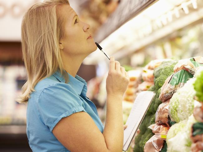 Woman Reading Shopping List In supermarket, groceries generic