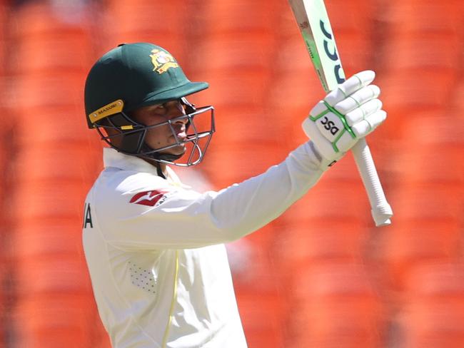 AHMEDABAD, INDIA - MARCH 10: Usman Khawaja of Australia celebrates after scoring 150 runs during day two of the Fourth Test match in the series between India and Australia at Narendra Modi Stadium on March 10, 2023 in Ahmedabad, India. (Photo by Robert Cianflone/Getty Images)