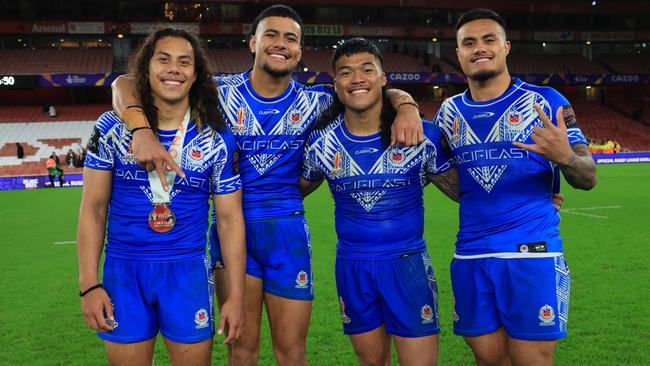 (L-R) Panthers Jarome Luai, Stephen Crichton, Brian To'o and Spencer Leniu are all playing for Samoa at the World Cup. Picture: Matthew Lewis/Getty Images for RLWC