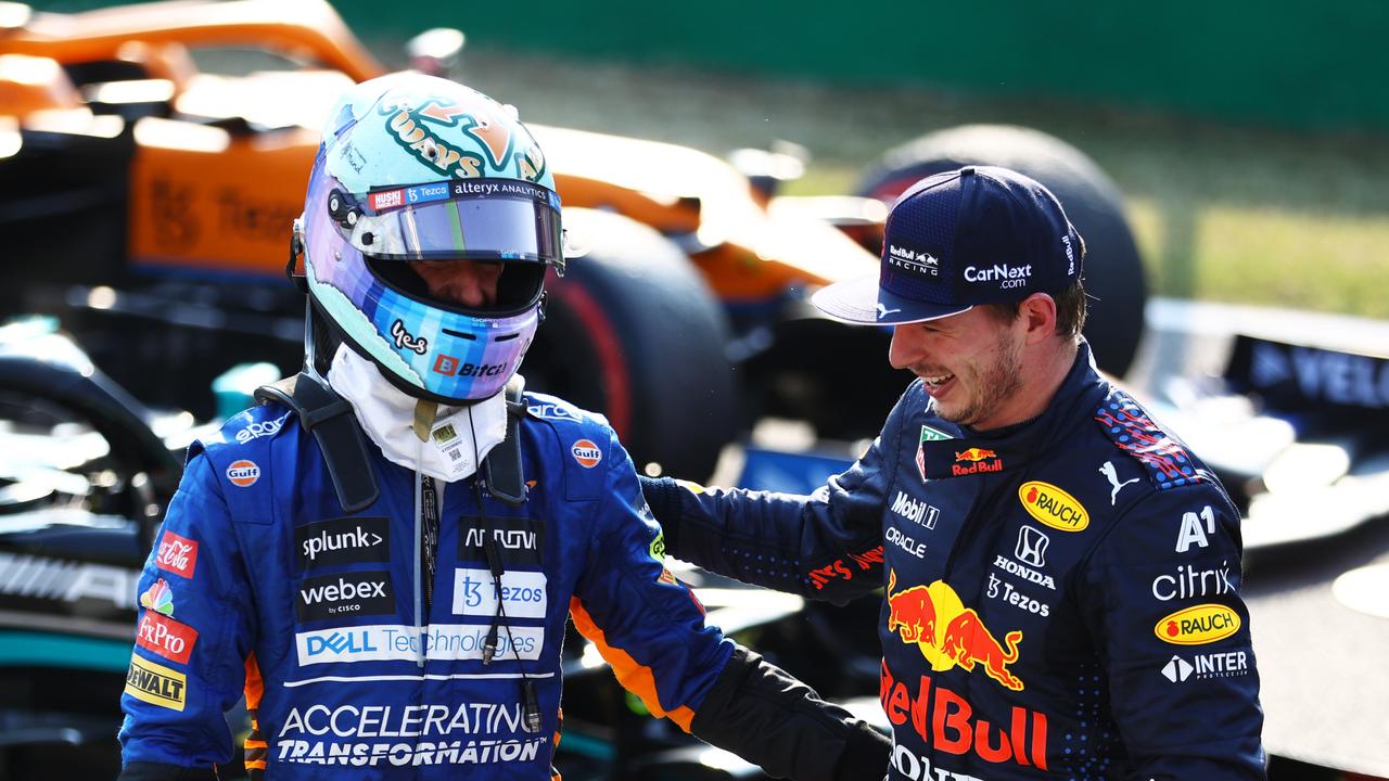 Verstappen and Ricciardo speak after spring qualifying at Monza. Photo by Bryn Lennon/Getty Images