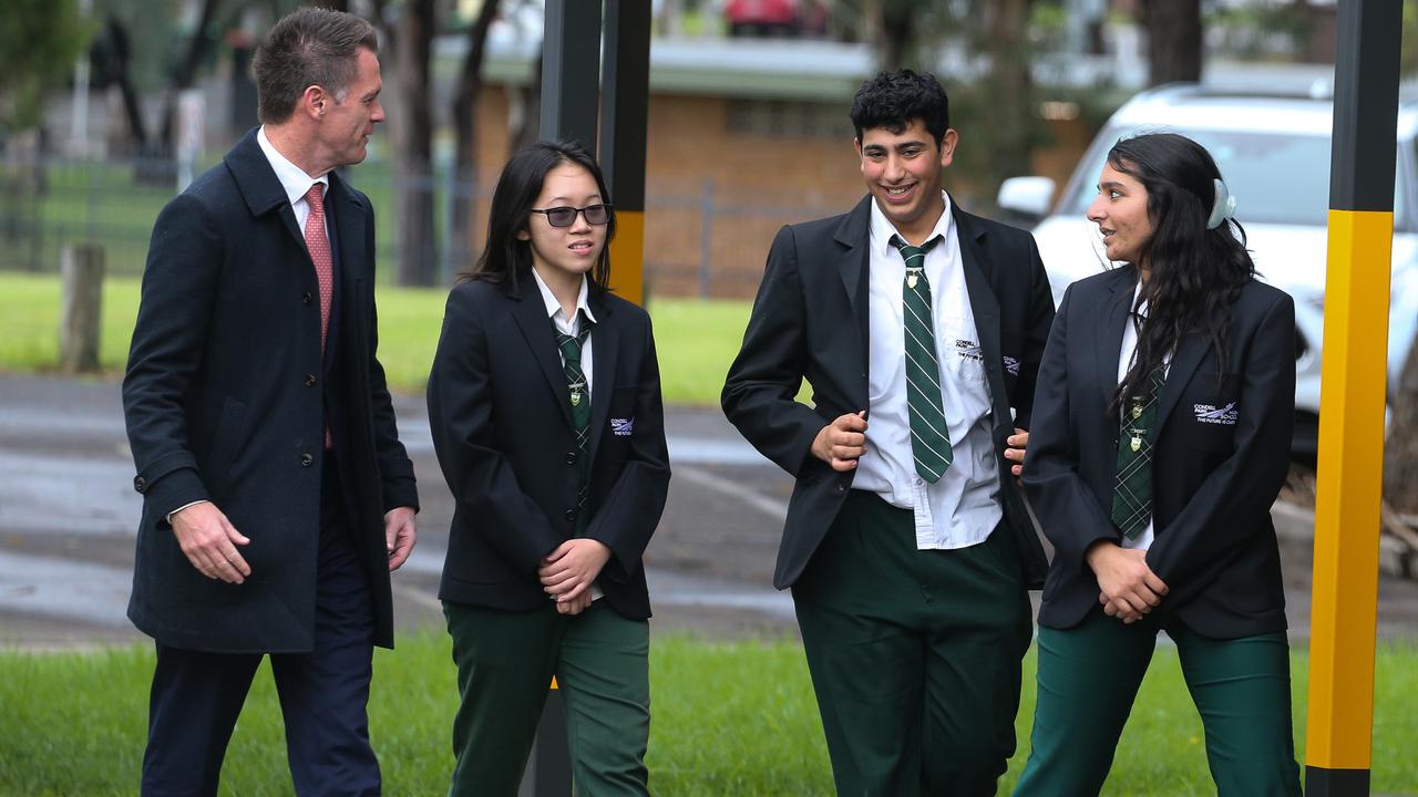 NSW Premier Chris Minns meets the students of Condell Park High School as he announces the state’s mobile phone ban. Picture: NCA Newswire/Gaye Gerard