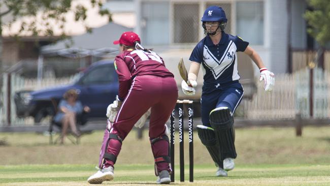 Jordan Watson of Victoria makes her ground as Queensland wicketkeeper Samantha Dixon minds the stumps in the Australian Country Cricket Championships in 2020. Picture: Kevin Farmer