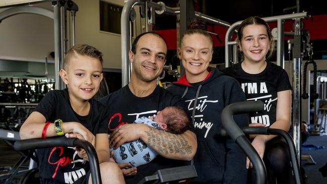 GenFit in Ormeau has won the Best of the Gold Coast: best gym. Owners, Michael Kassouh with his wife Jessica Bennett and their children, Jay, 8, Laila, 11 and Roman , 4 weeks. Picture: Jerad Williams