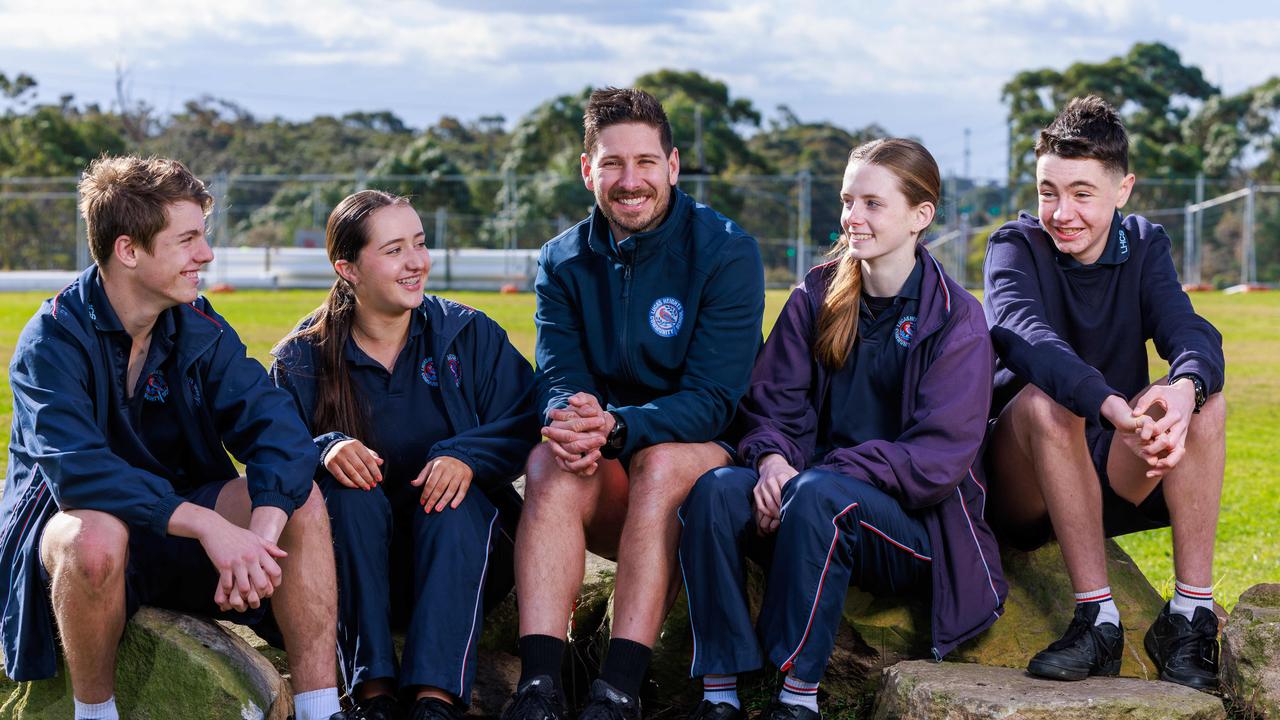 Lucas Heights Community School PDHPE teacher Erika Glas with Year 9 students, Jack Phillips, Marli Di Cesare, Damian Bourke, Erika Glas and Jethro Dillon-Smith, Picture: Justin Lloyd.