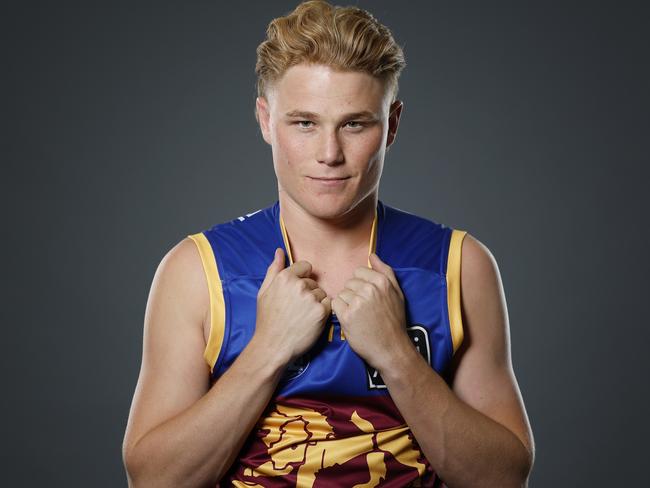 MELBOURNE, AUSTRALIA - NOVEMBER 20: Levi Ashcroft of the Lions poses for a photograph during the 2024 AFL Draft at Marvel Stadium on November 20, 2024 in Melbourne, Australia. (Photo by Daniel Pockett/Getty Images)