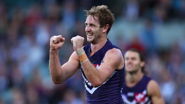 Michael Barlow celebrates a goal for the Dockers. Picture: Getty