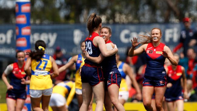 Eden Zanker celebrates one of her two goals in a 78 point destruction of West Coast at Casey Fields Picture: Dylan Burns/AFL Photos via Getty Images