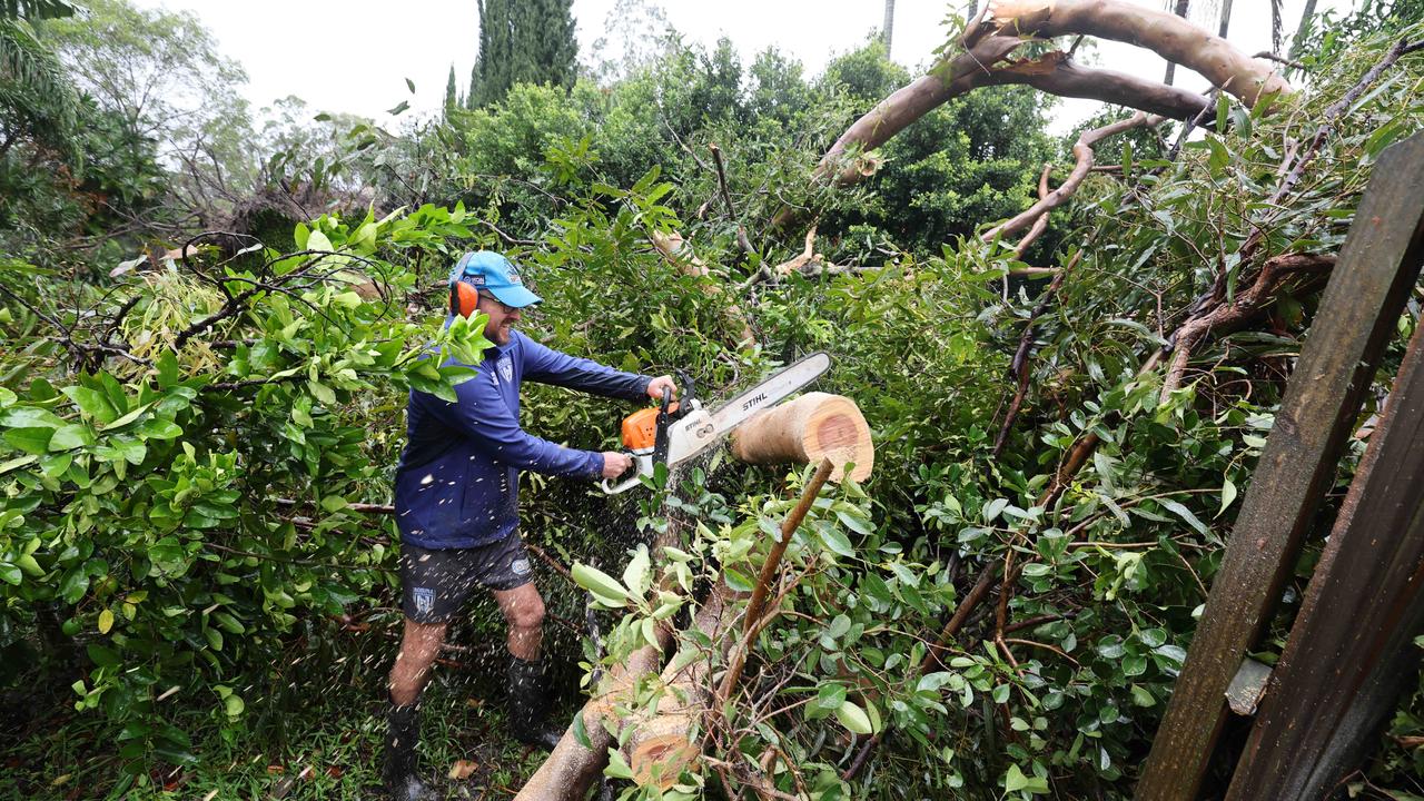 Gold Coast starting to feel the wrath of Cyclone Alfred, lurking just off the coast. Mudgeeraba Residents in Hardys Rd work to clear fallen trees from their properties. Picture Glenn Hampson