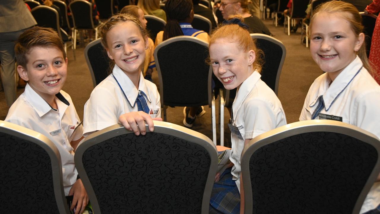 Quade Howe (left) with Chloe Bertram, Annabelle Millett and Annabelle from Concordia Luthern College at the Toowoomba regional mayor and councillor’s primary school captains and leaders morning tea at the Highfields Cultural Centre. Picture: Bev Lacey