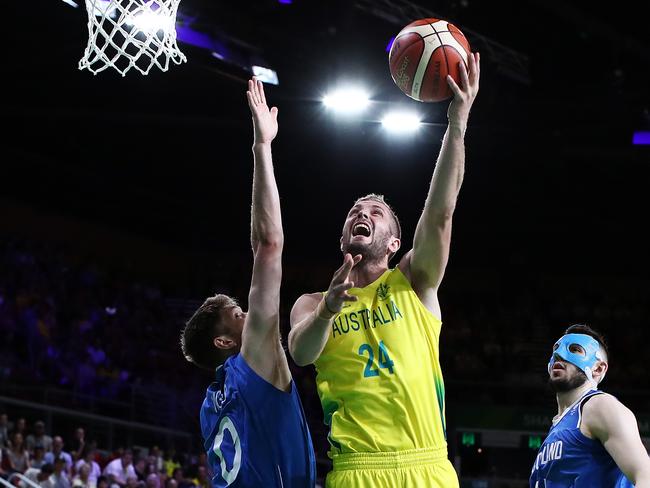 GOLD COAST, AUSTRALIA - APRIL 14:  Jesse Wagstaff of Australia drives at the basket during the Men's semi-final match between Australia and Scotland during Basketball on day 10 of the Gold Coast 2018 Commonwealth Games at Gold Coast Convention Centre on April 14, 2018 on the Gold Coast, Australia.  (Photo by Hannah Peters/Getty Images)