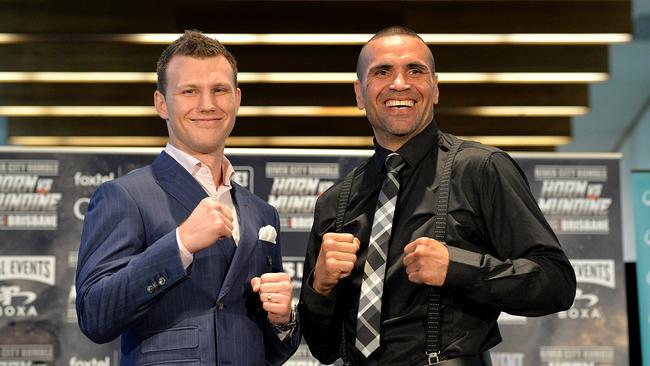 Jeff Horn and Anthony Mundine share a laugh during a press conference at Suncorp Stadium on October 10, 2018 in Brisbane, Australia. Photo: Bradley Kanaris/Getty Images