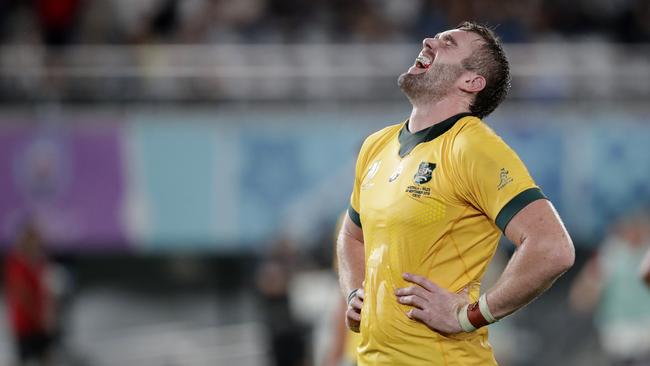 Australia's Izack Rodda reacts following the Rugby World Cup Pool D game at Tokyo Stadium between Australia and Wales in Tokyo, Japan, Sunday, Sept. 29, 2019. Wales defeated Australian 29-25. (AP Photo/Jae Hong)