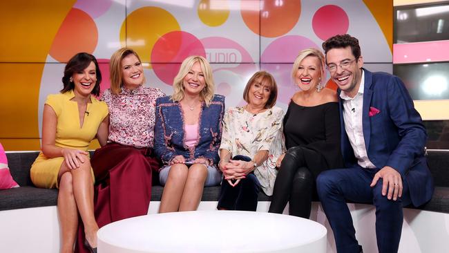 Studio 10 will reportedly switch from a panel of seven to two hosts. Pictured (L-R) Natarsha Belling, Sarah Harris, Kerri-Anne Kennerley, Denise Drysdale, Angela Bishop and Joe Hildebrand. Picture: Tim Hunter.