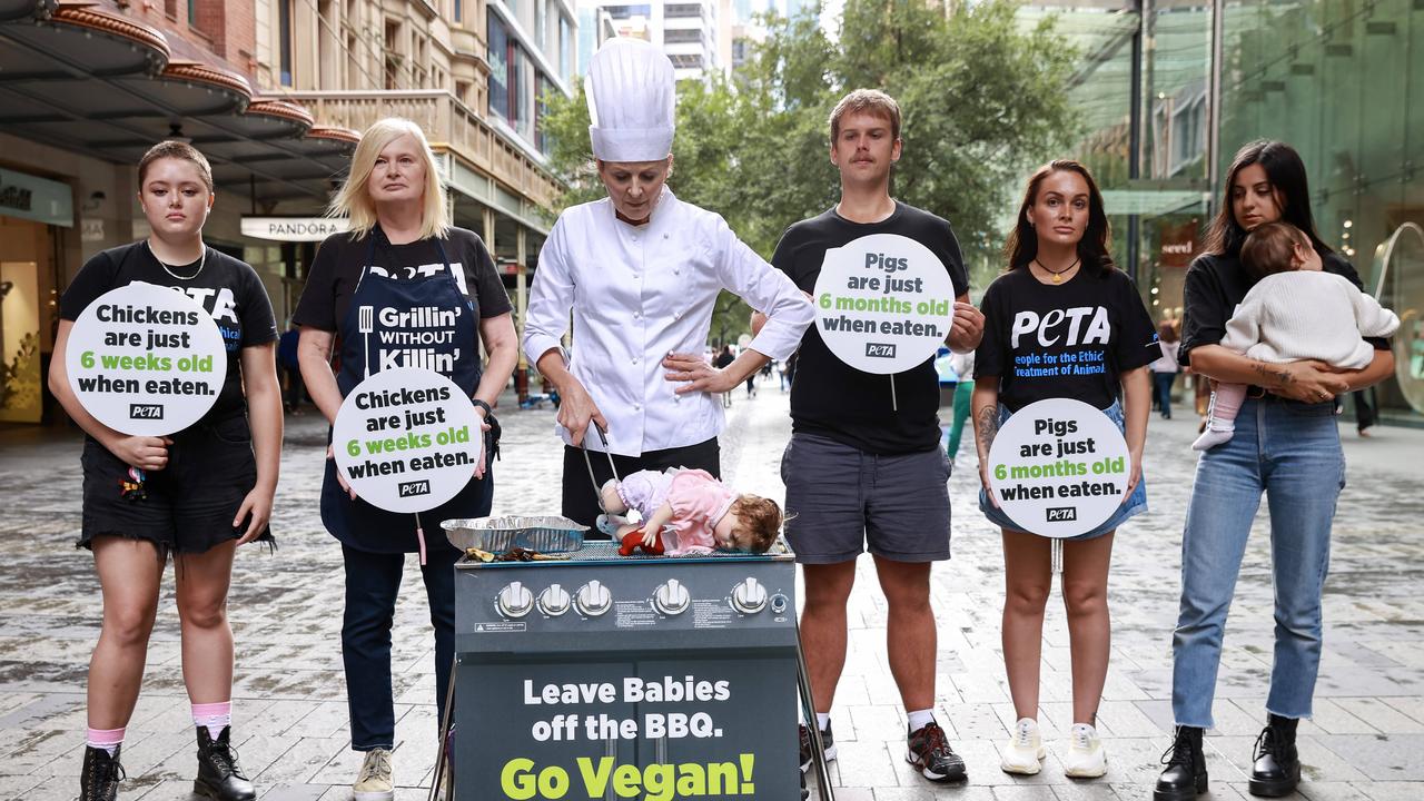 The spectacle was part of PETA’s ‘Leave Babies off the BBQ’ campaign. Picture: NCA NewsWire / Justin Lloyd