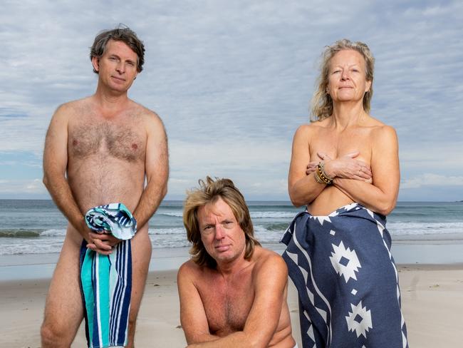 WARNING. WEEKEND TELEGRAPHS SPECIAL.  MUST TALK WITH PIC ED JEFF DARMANIN BEFORE PUBLISHING.     Bradley Benham, Duncan James and Maxine Hawker at Tyagarah Nudist Beach near Byron Bay. Picture by Luke Marsden.