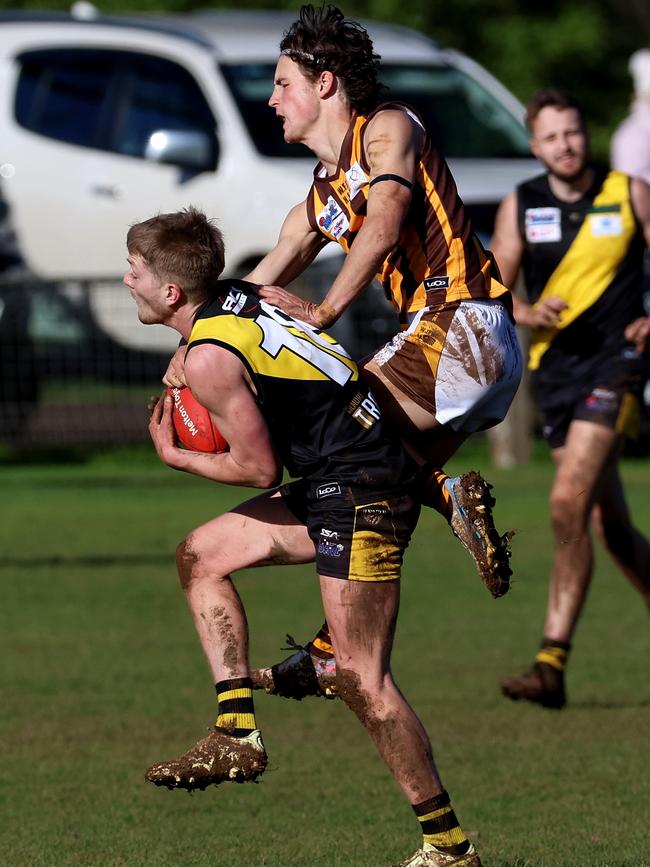 RDFNL: Lancefield’s Ned O'Connell marks under pressure. Picture: Hamish Blair