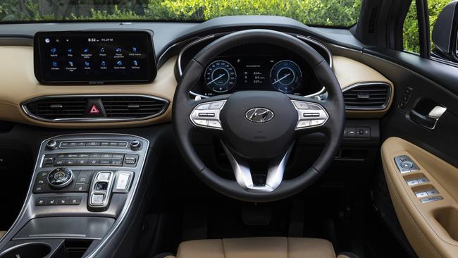 Hyundai’s Santa Fe Highlander Hybrid has a polished cabin.