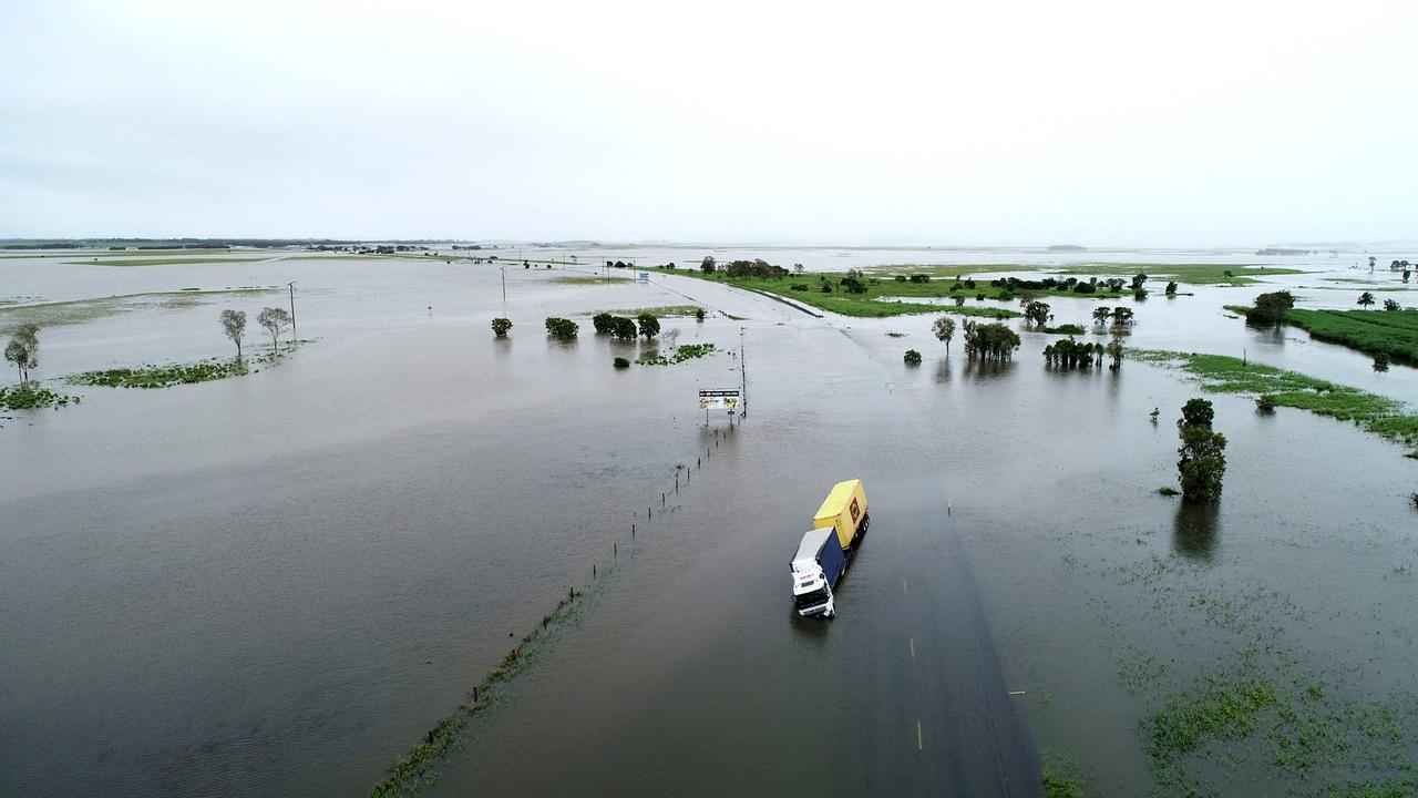 Drone images of flooding at Thompson's Creek on the Bruce Highway looking north earlier. Photos: Robert Murolo