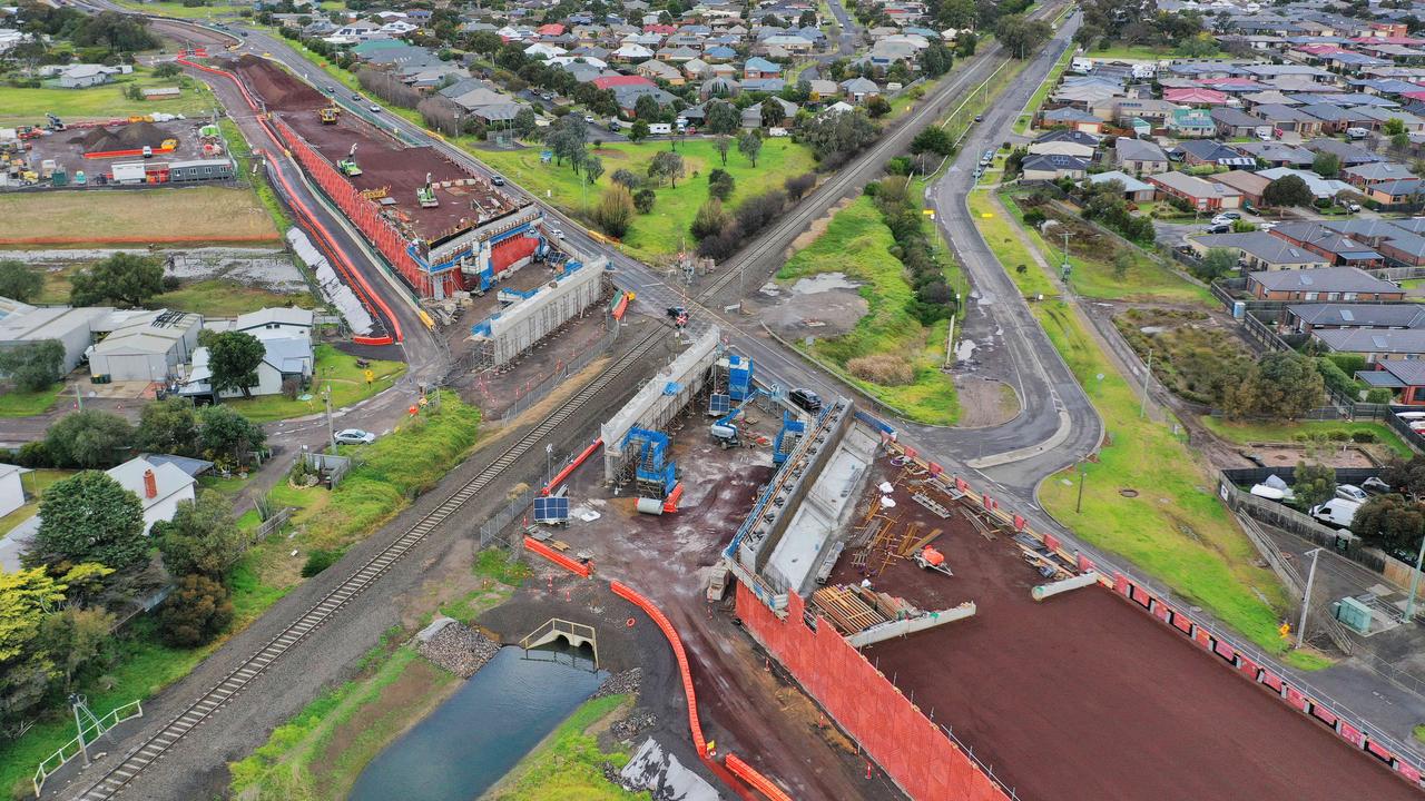 Aerial shots of stage one of the Barwon Heads Rd upgrade in 2022. Picture: Alan Barber