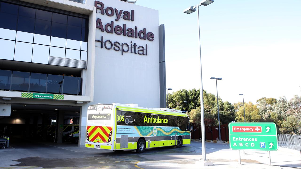 Ambulances parked at the Royal Adelaide Hospital. Ramping Picture: NewsWire / Kelly Barnes