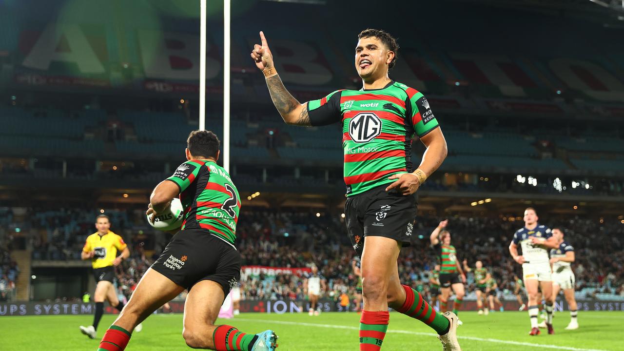 SYDNEY, AUSTRALIA - AUGUST 27: Latrell Mitchell of the Rabbitohs celebrates a try by teammate Alex Johnston of the Rabbitohs during the round 24 NRL match between the South Sydney Rabbitohs and the North Queensland Cowboys at Accor Stadium, on August 27, 2022, in Sydney, Australia. (Photo by Mark Metcalfe/Getty Images)