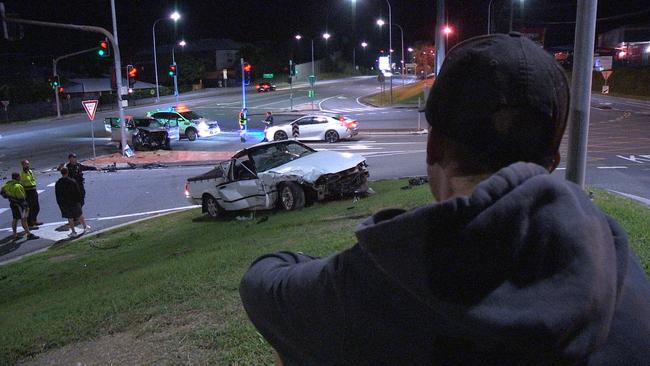 An image from the scene of the crash at Burleigh Heads on the Gold Coast late on Friday night, which allegedly involved five males aged between 12-19 in a stolen SUV. Picture: LLN AUS