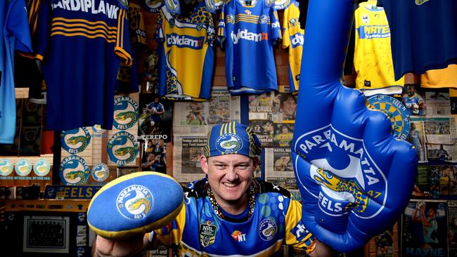 Eels fan Troy Worner in his Parra Fan Cave at his home in Jamisontown.