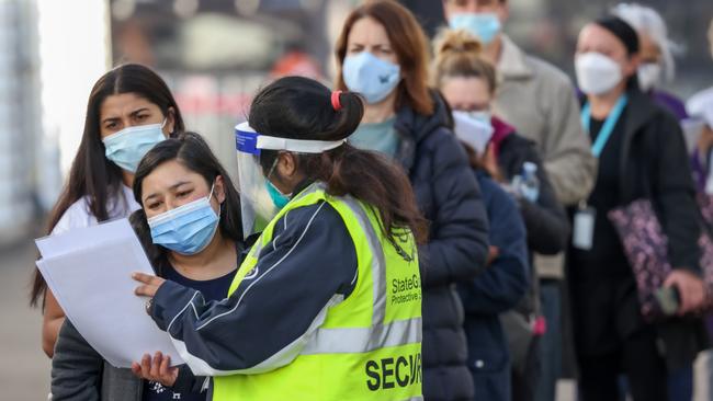 Aged care and disability care workers line up for their vaccine at the Melbourne Showgrounds. Picture: NCA NewsWire