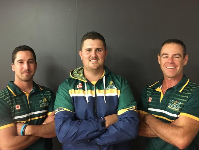 Nick Stevens (left) with Helensvale Pacific Pines head coach Dylan Sherriff and coaching director Paul Baird.