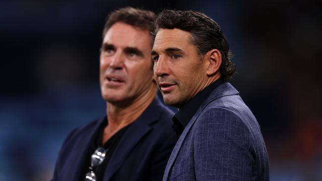 SYDNEY, AUSTRALIA - MARCH 17: NSW Blues state of origin coach Brad Fittler speaks to Queensland Maroons state of origin coach Billy Slater during the warm-up before the round three NRL match between Sydney Roosters and South Sydney Rabbitohs at Allianz Stadium on March 17, 2023 in Sydney, Australia. (Photo by Mark Kolbe/Getty Images)
