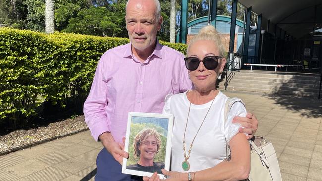 Jackson Stacker's parents Ian Stacker and Sandey MacFarlane outside court during the inquest on Wednesday into their son's death. Jackson 's body was found in a paddock near the Sleepy Hollow rest area on the Pacific Hwy, Tweed in August 2021. Picture: Savannah Pocock/NewsLocal