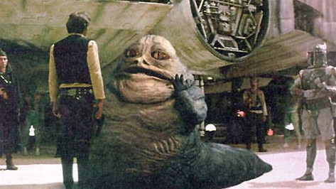 Han Solo with Jabba the Hutt in a scene from the Star Wars film.