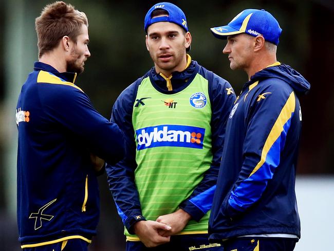 Kieran Foran, Corey Norman and coach Brad Arthur during an Eels training session. pic Mark Evans