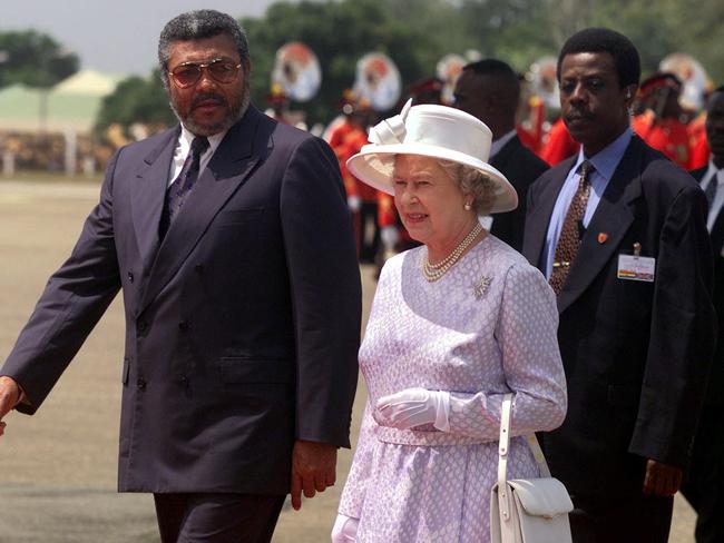 Queen Elizabeth II pictured in 1999 with then Ghana President Flight Lieutenant Jerry Rawlings.