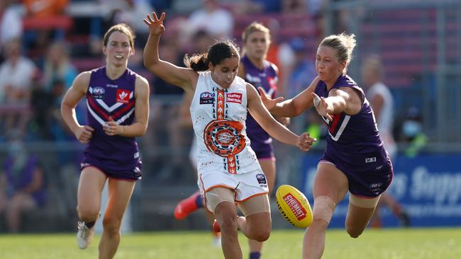 Muslim GWS Giants star Haneen Zreika declined to wear a ‘pride’ jersey and sat out of the game. Picture: Michael Willson/AFL Photos via Getty Images