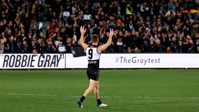 Gray delivered a trademark Showdown performance and the fans turned out in force to send him off. Picture: James Elsby/AFL Photos