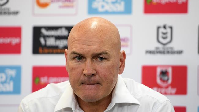 Dragons coach Paul McGregor speaks during a press conference following the Round 23 NRL match between the St George Illawarra Dragons and the Sydney Roosters at Jubilee Stadium in Sydney, Saturday, August 24, 2019. (AAP Image/Dan Himbrechts) NO ARCHIVING, EDITORIAL USE ONLY